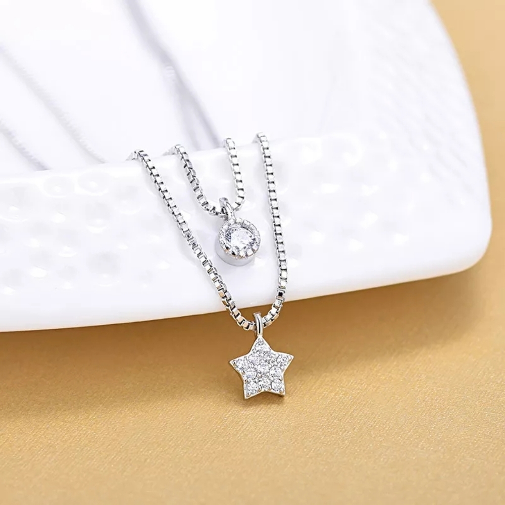 Two Layered Silver Moon Star Necklace - Picture 3 of 4